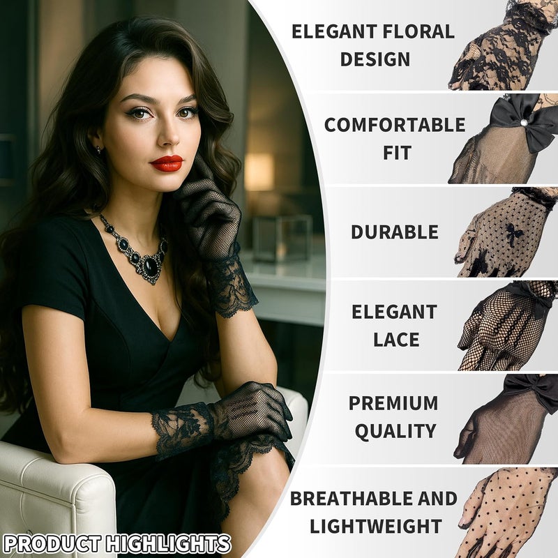 MoHern 6 Pairs Lace Gloves Women Tea Party, Gloves with Elegant Floral Design and Comfortable Fit for Ladies' Wedding Party - Image 3